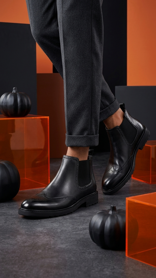 Black leather Chelsea boot with brogue detailing. Formal-to-casual versatility