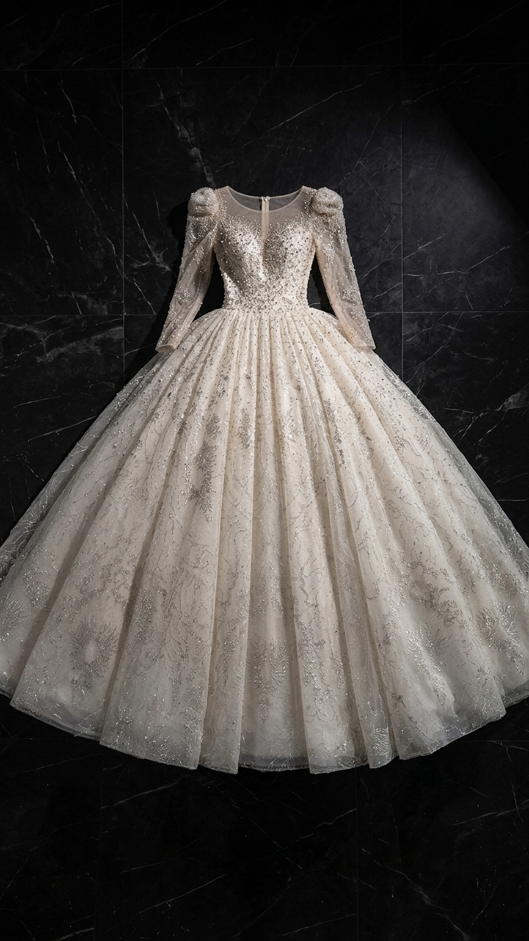 Vintage Court-Style Long-Sleeve Trailing Ball Gown