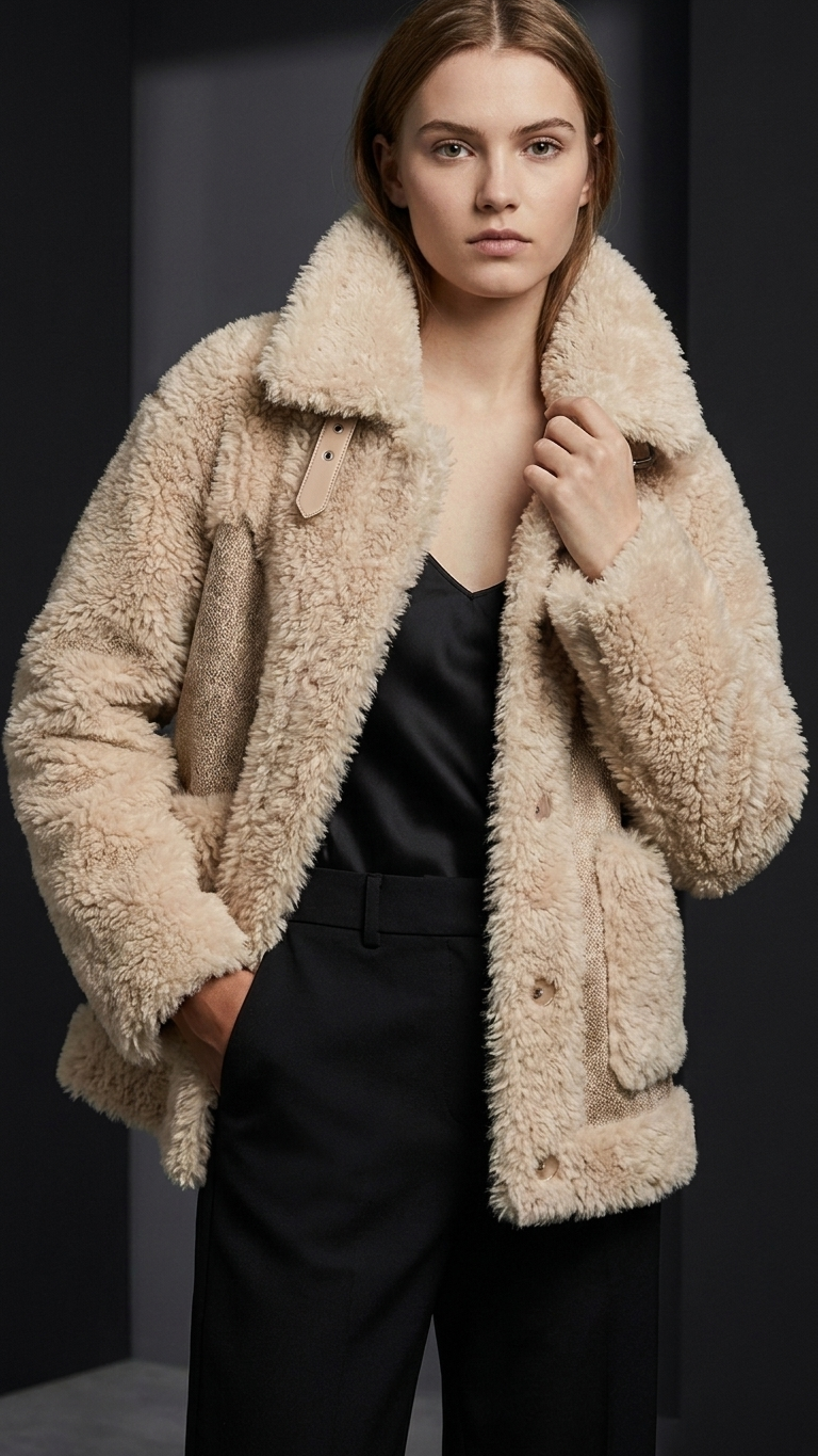 Color Block Faux Shearling Coat — Camel & Gray Paneled Teddy Jacket