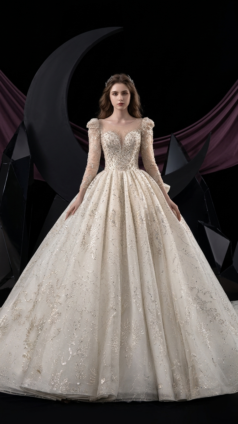 Vintage Court-Style Long-Sleeve Trailing Ball Gown