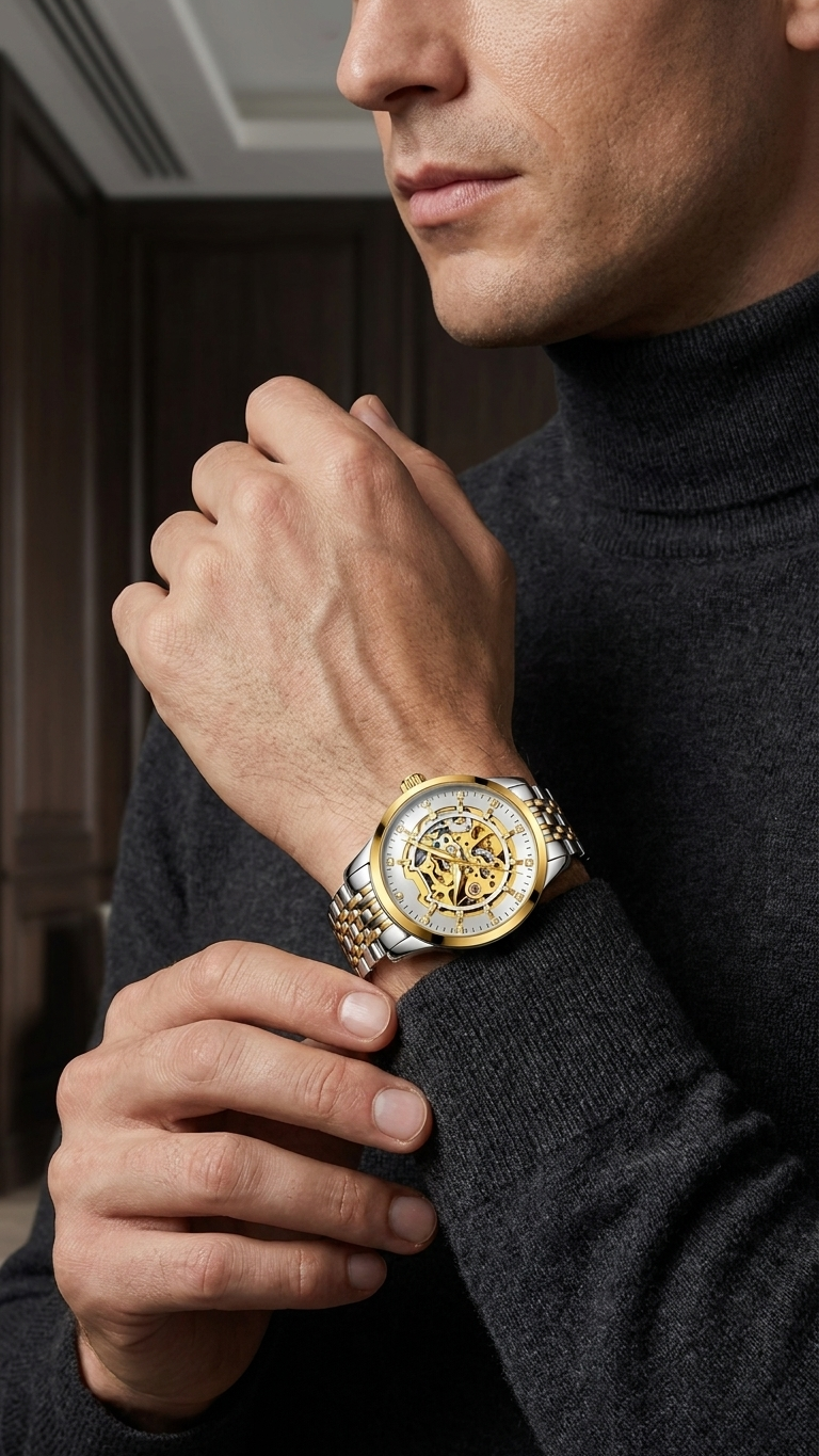 Gold-tone automatic skeleton watch, stainless steel case