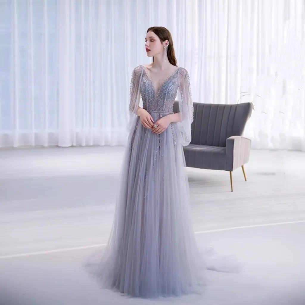 Beaded Illusion-Sleeve Tulle Evening Gown in Soft Grey