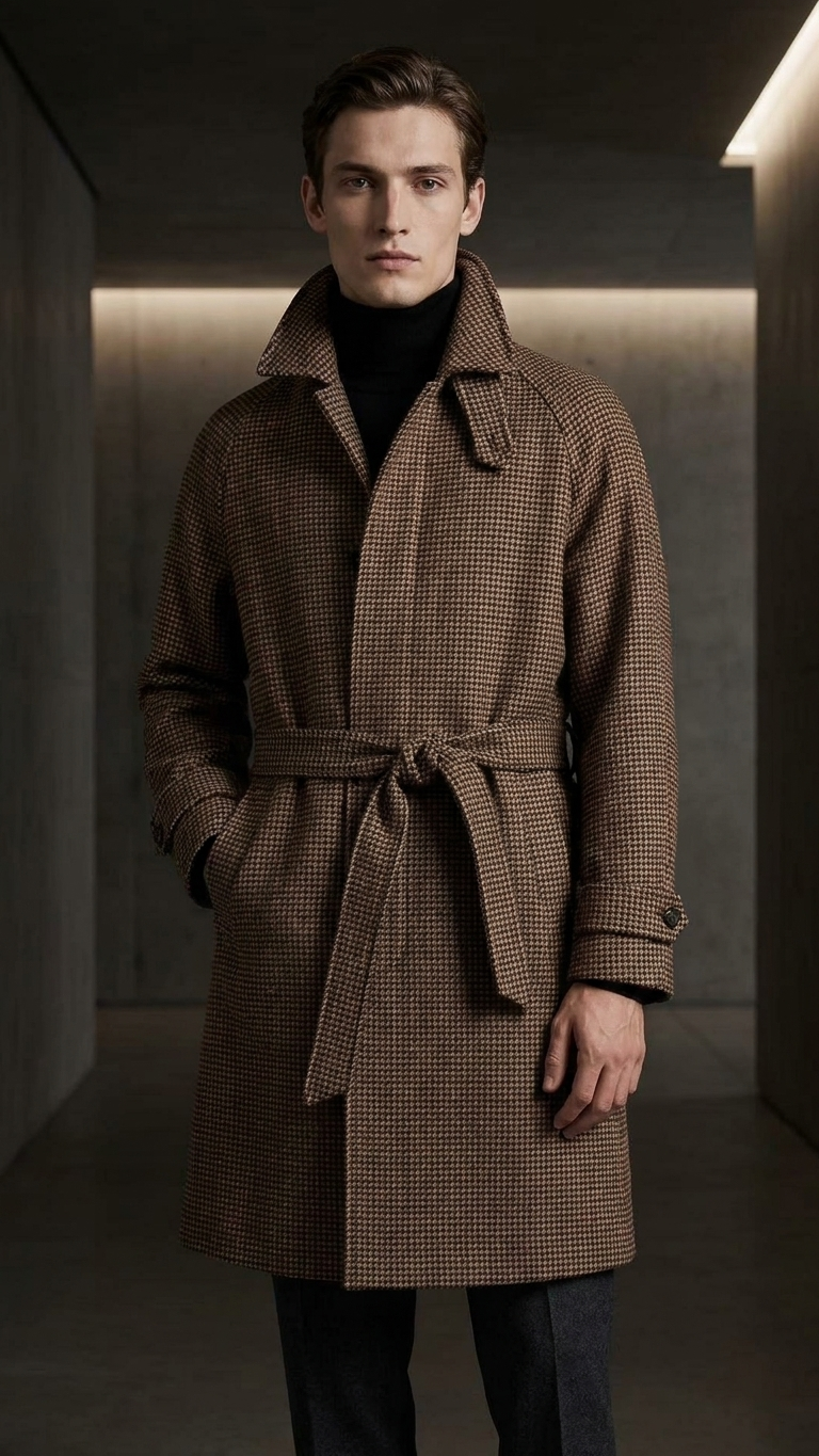 Vintage Gentleman Houndstooth Men's Clothing Woolen Coat