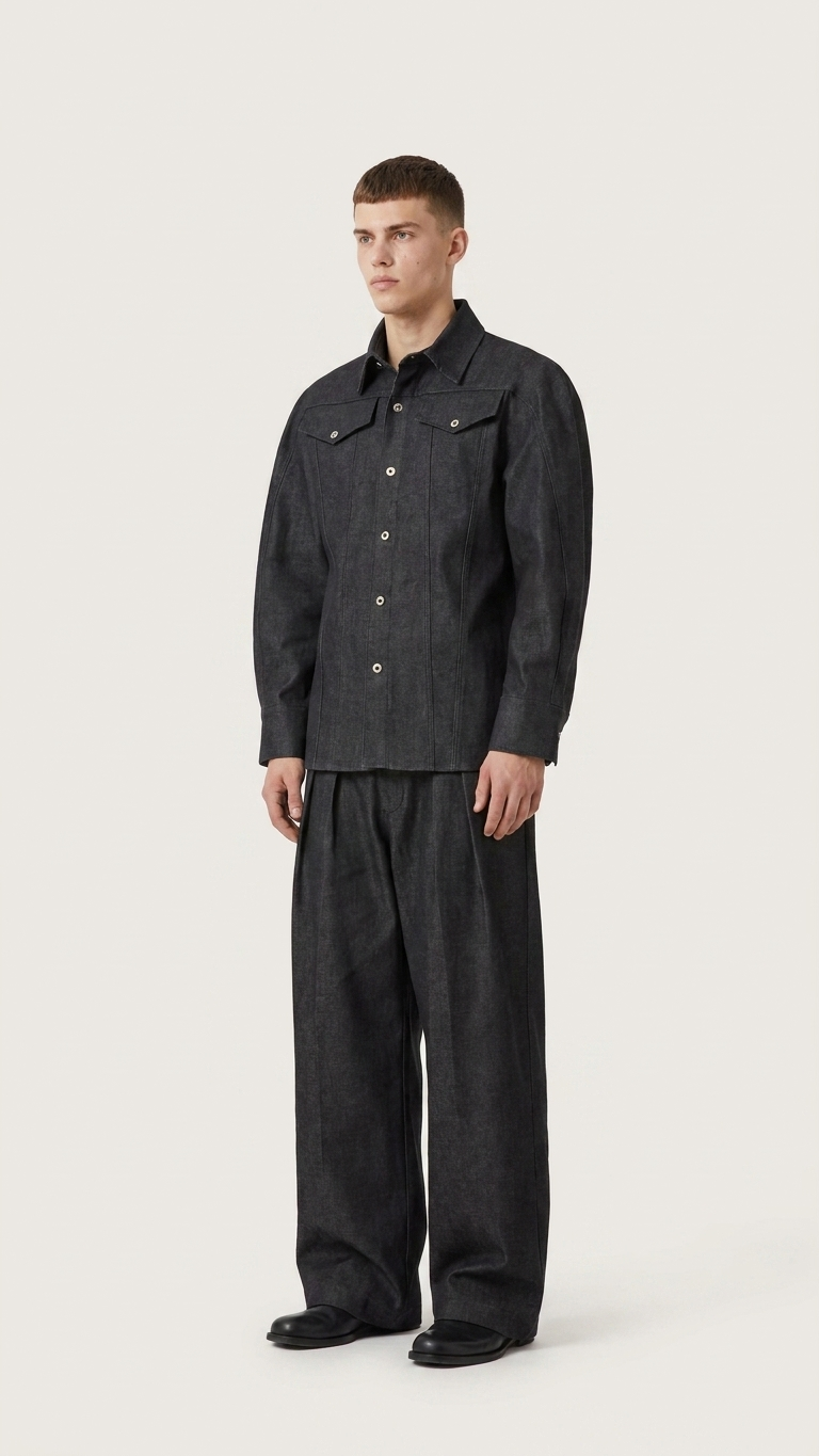 Structured Denim Two-Piece Set — Sculpted Shirt Jacket & Wide-Leg Trousers, Black