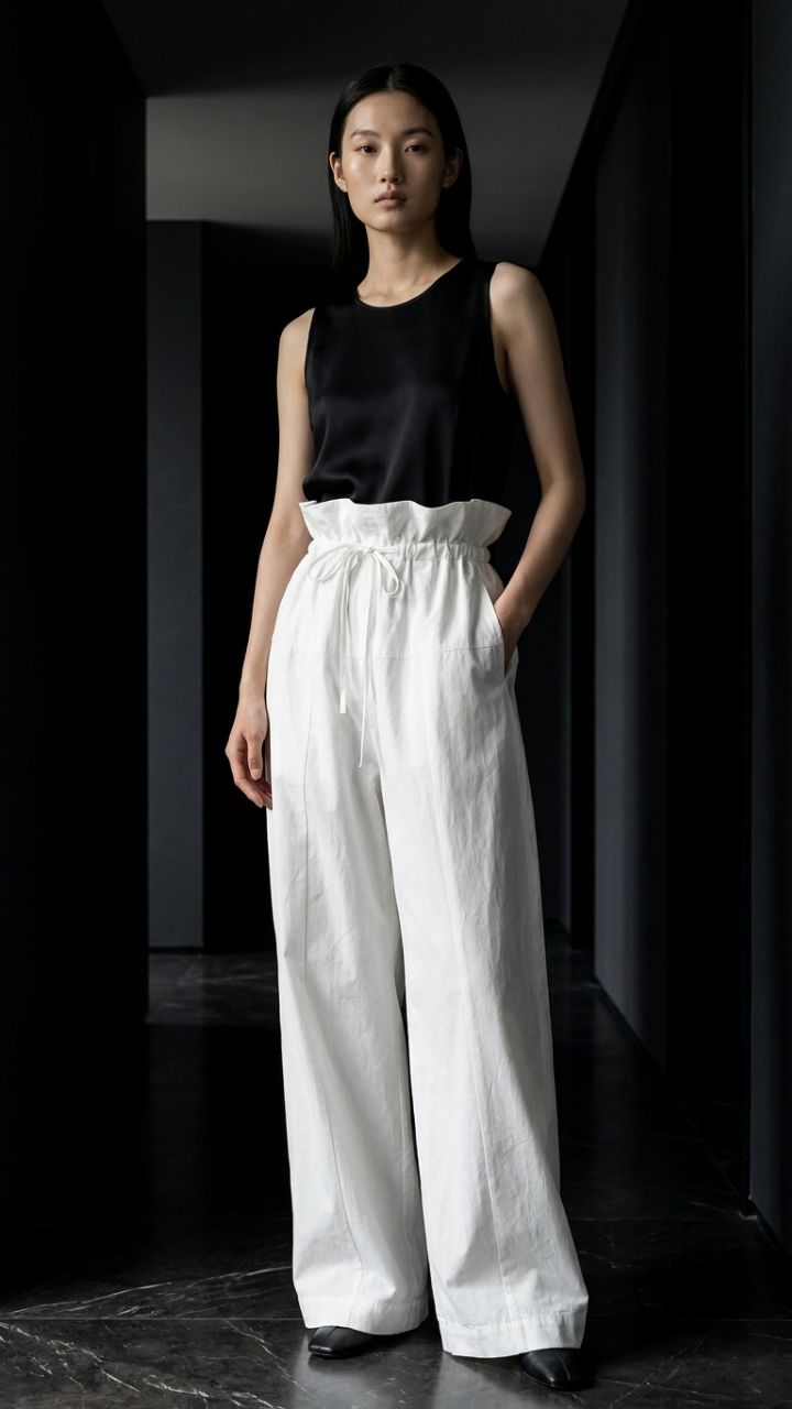 Wide-Leg Cotton Trousers — Women's Minimalist Drawstring Pants
