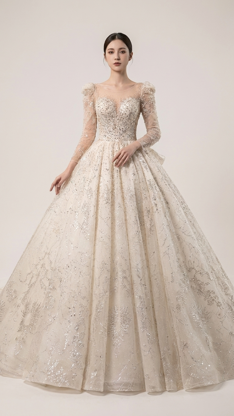 Vintage Court-Style Long-Sleeve Trailing Ball Gown