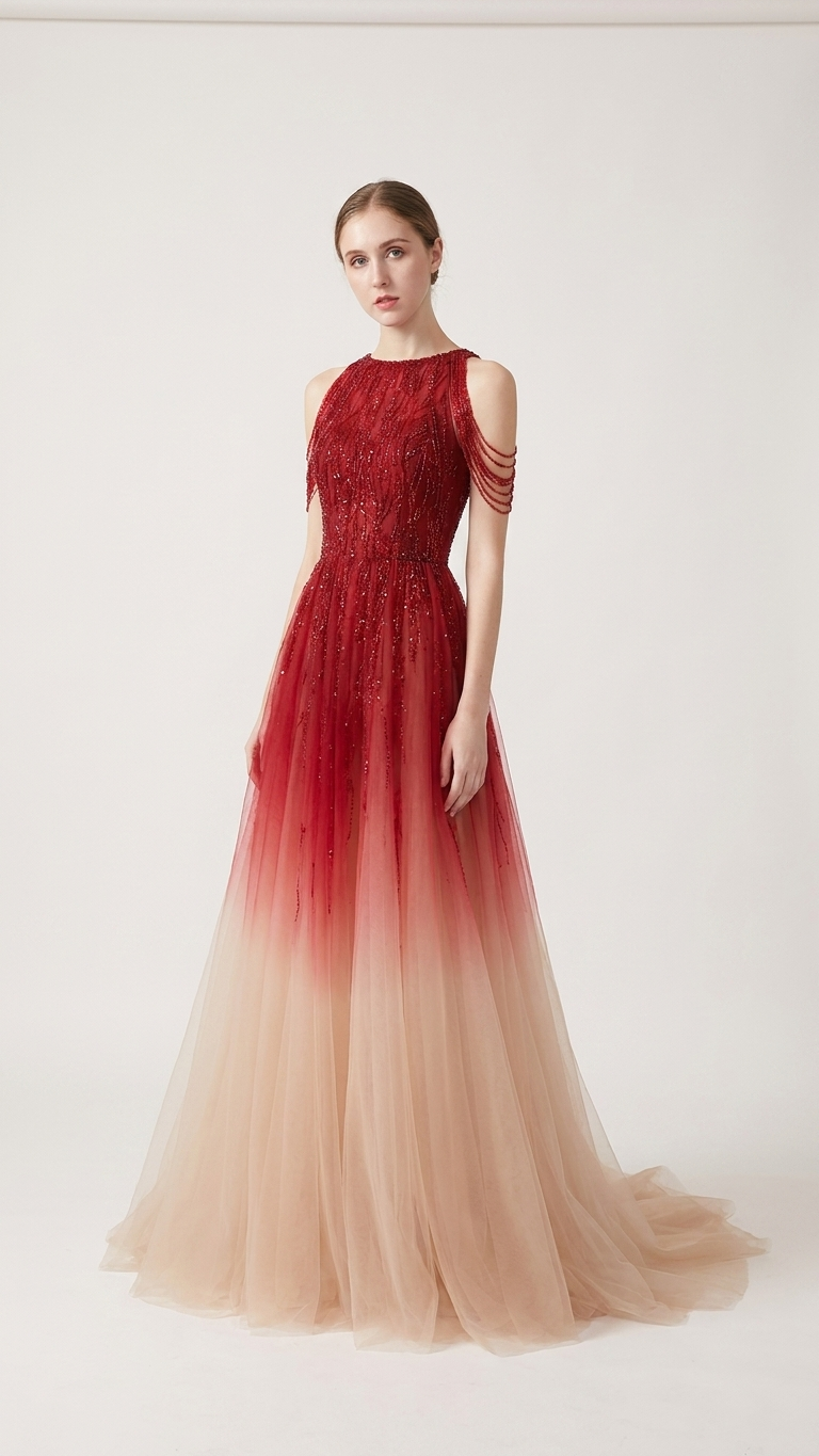 Beaded Ombré Halter Evening Gown with Sweeping Train