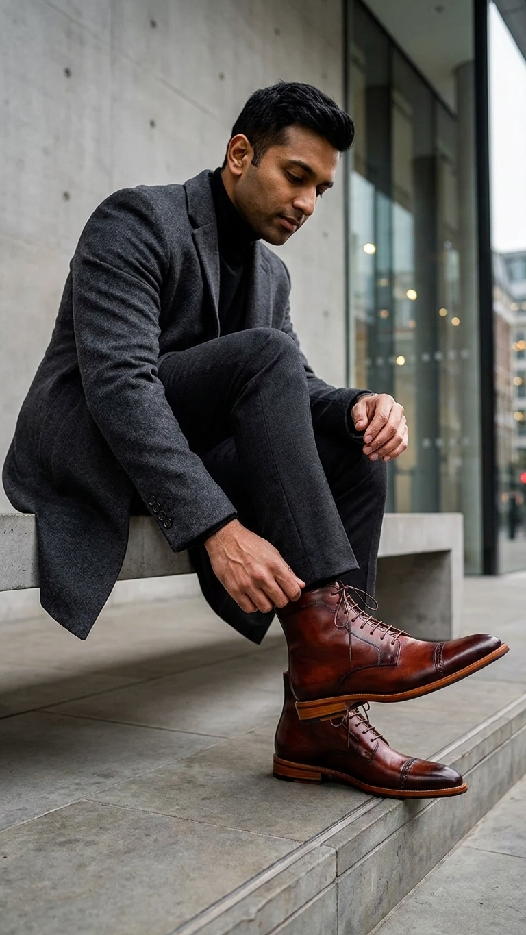 Black cap-toe lace-up leather boot with contrast tan welt sole