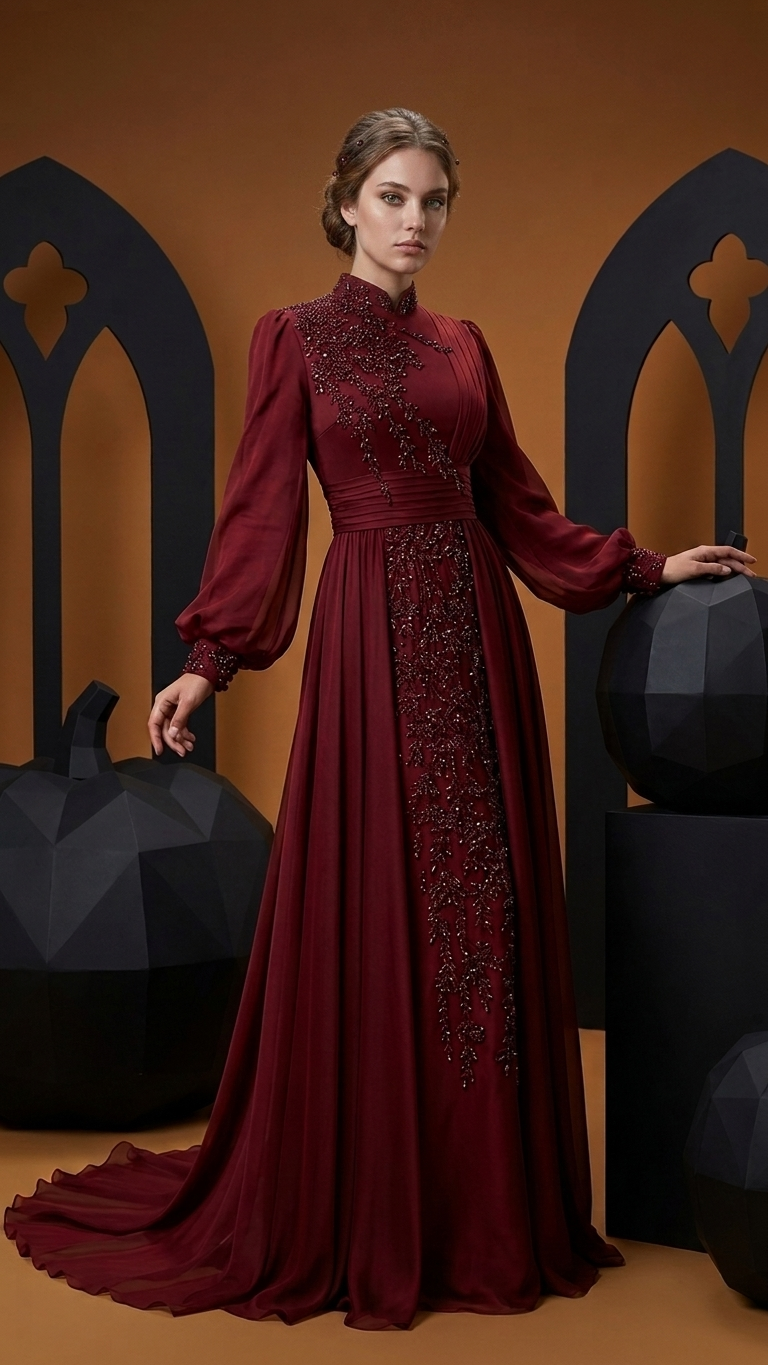 Stand Collar Long Sleeve Lace Evening Gown with Train