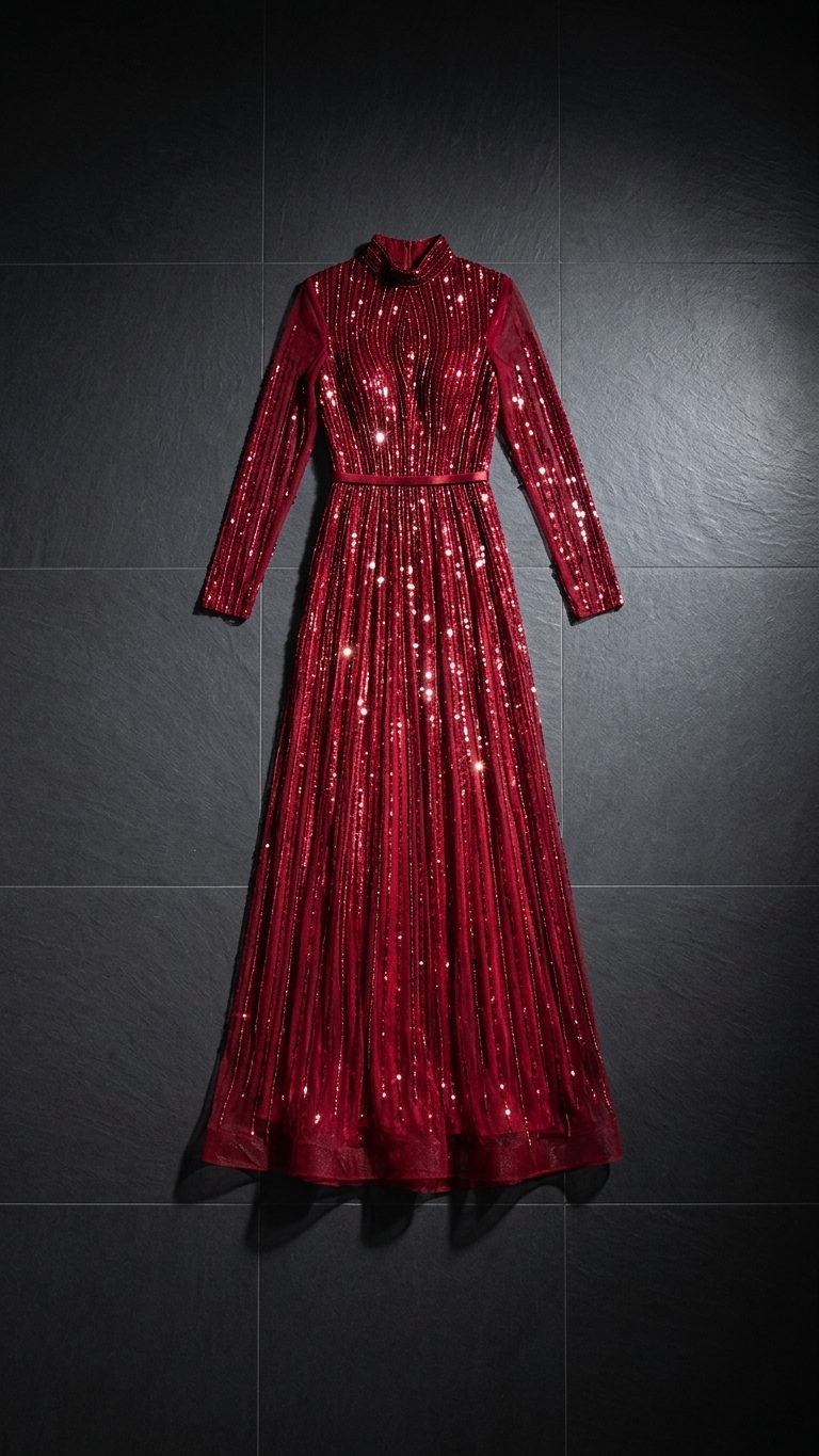 Sequined High-Neck Long-Sleeve Evening Gown