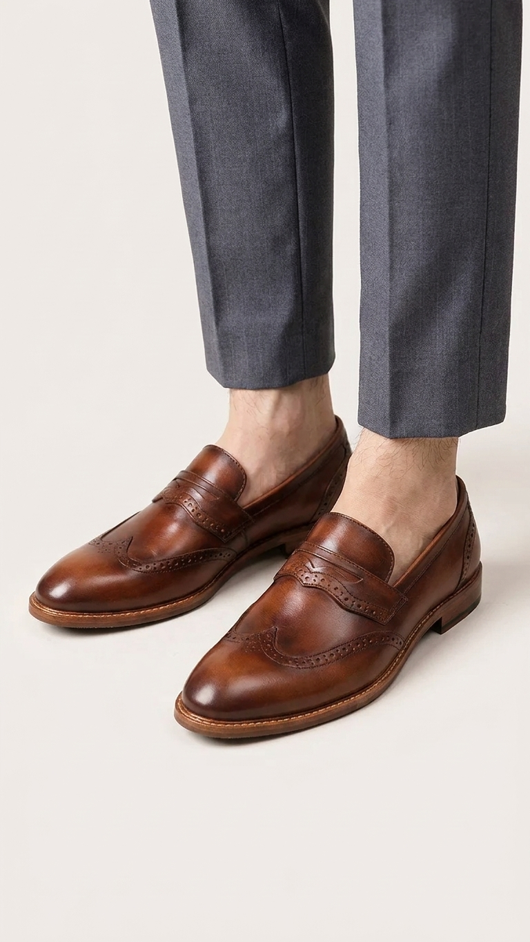 Men's Handcrafted Leather Penny Loafer with Carved Cap-Toe Detail