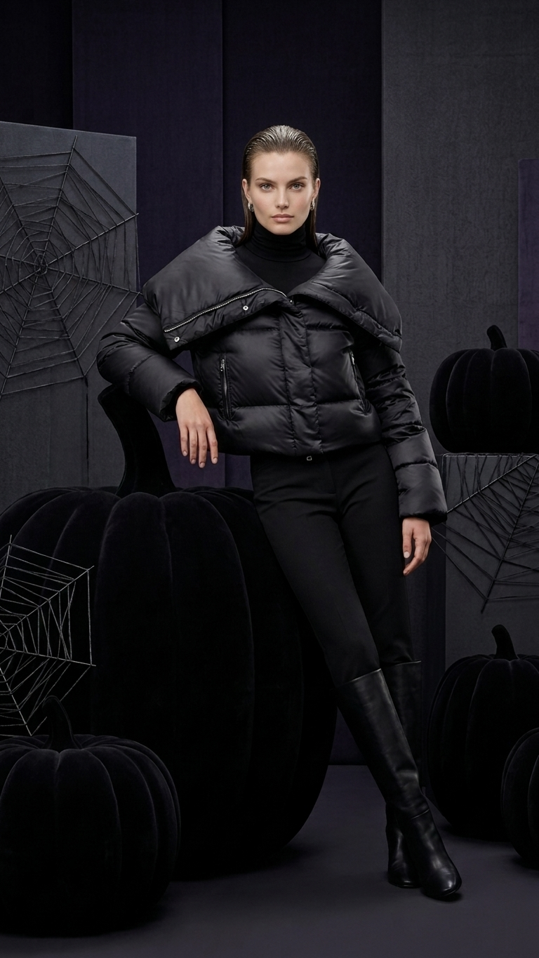 Black Oversized Collar Short Puffer Jacket