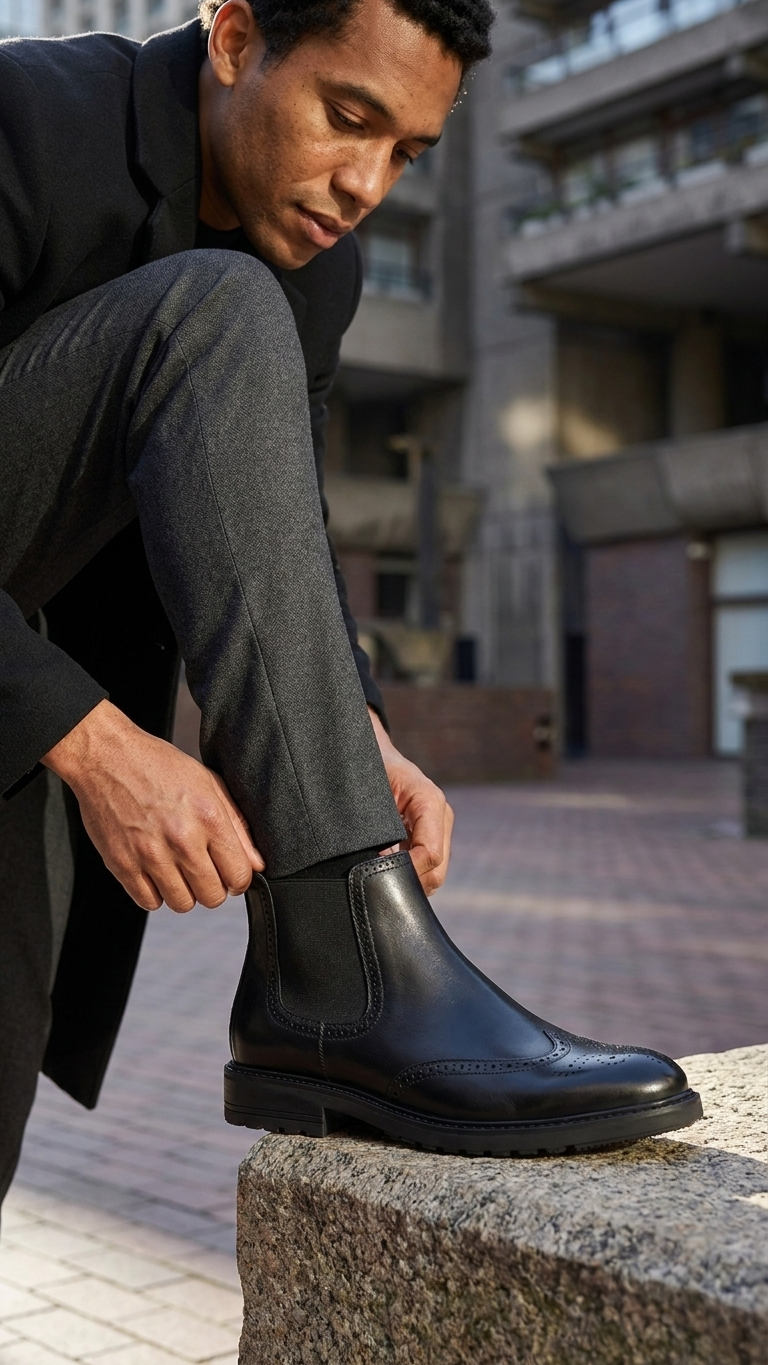 Black leather Chelsea boot with brogue detailing. Formal-to-casual versatility