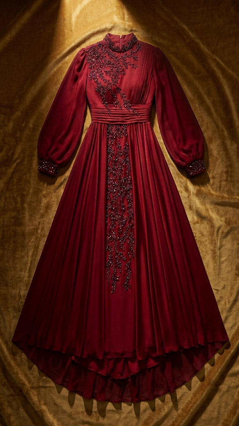 Stand Collar Long Sleeve Lace Evening Gown with Train