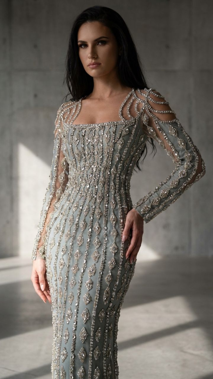 Embellished Lace Long Sleeve Fishtail Gown — Formal Evening Dress