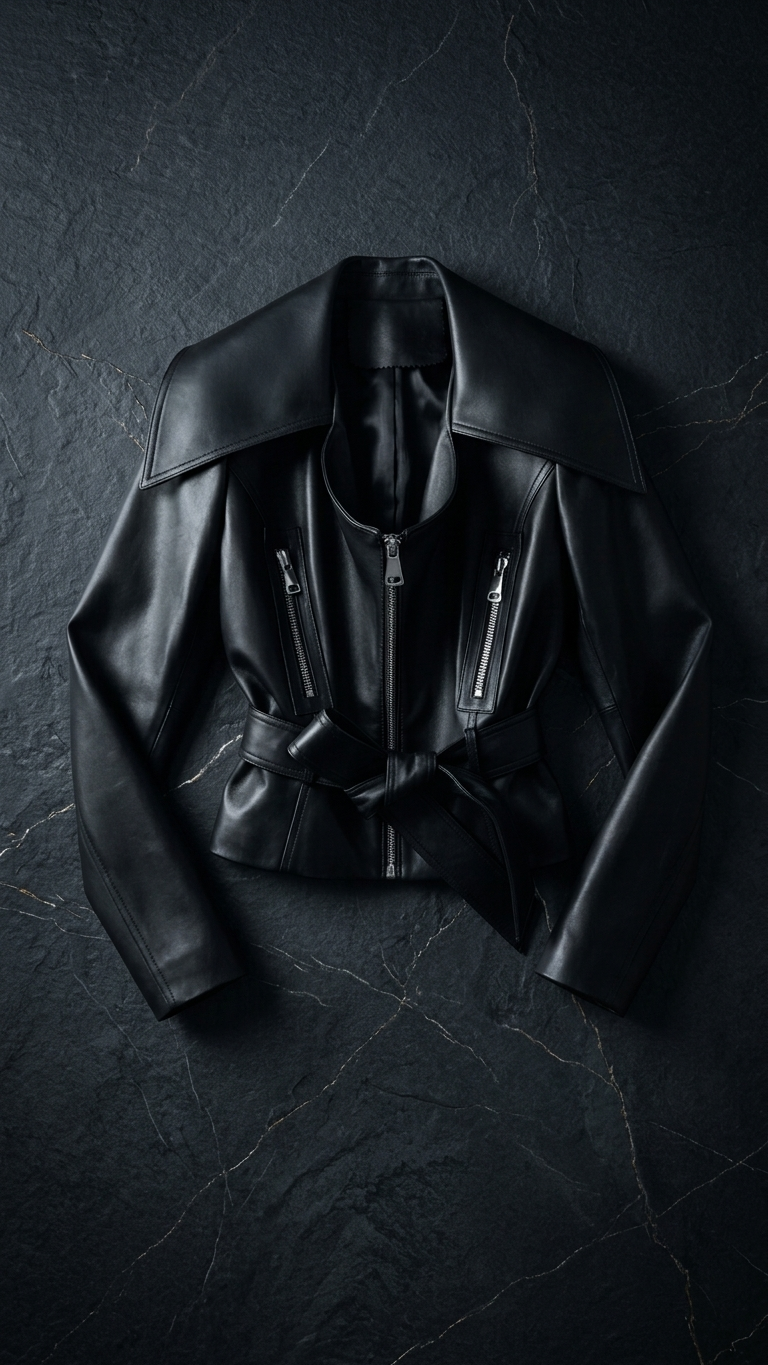 Cropped Structured Moto Jacket — Architectural Leather-Look Biker Silhouette