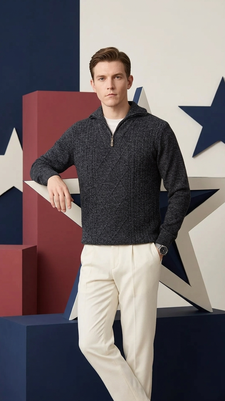 Asymmetric Zip Cable Knit Wool Sweater — Black Grey