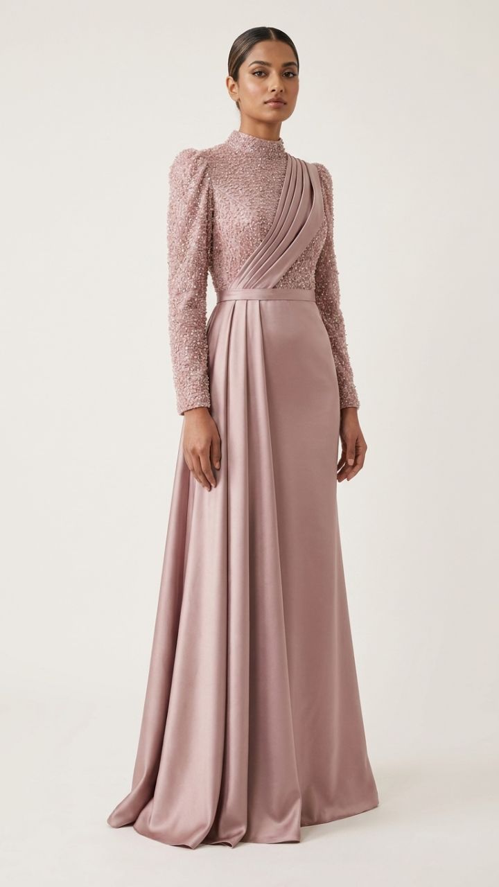 The Meridian — Beaded Stand-Collar Gown | Detachable Satin Overlay