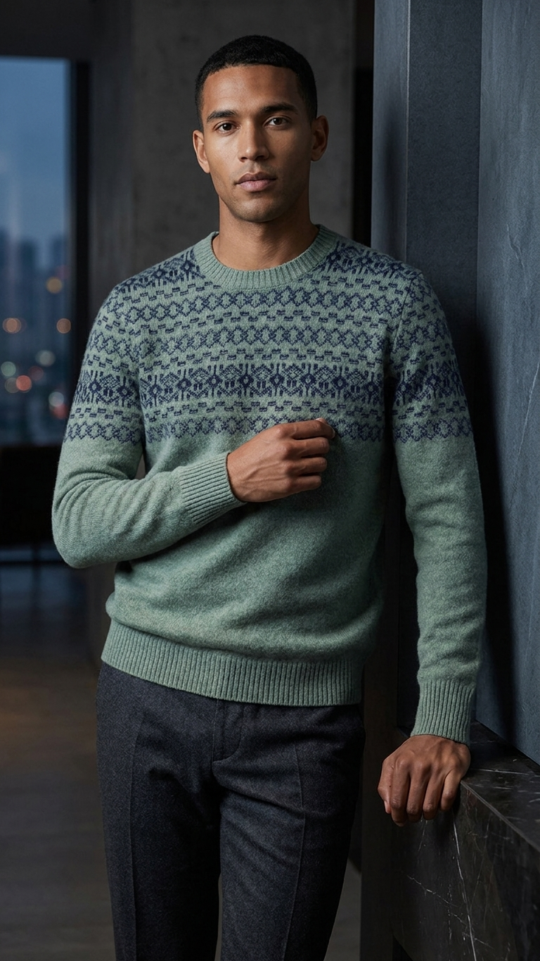Wool Jacquard Crewneck Sweater — Relaxed Fit