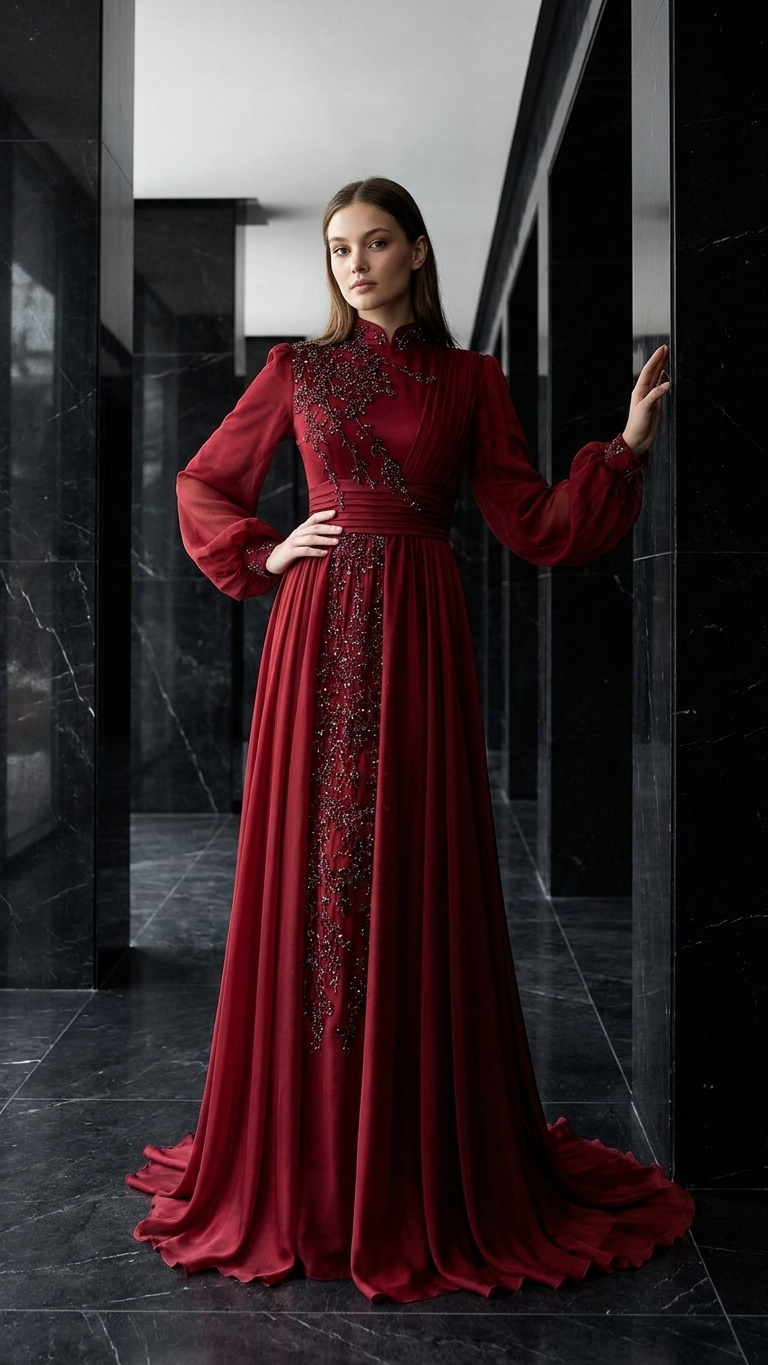 Stand Collar Long Sleeve Lace Evening Gown with Train