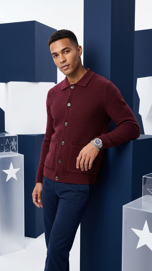 Collared Button-Front Wool Cardigan — Earl Red