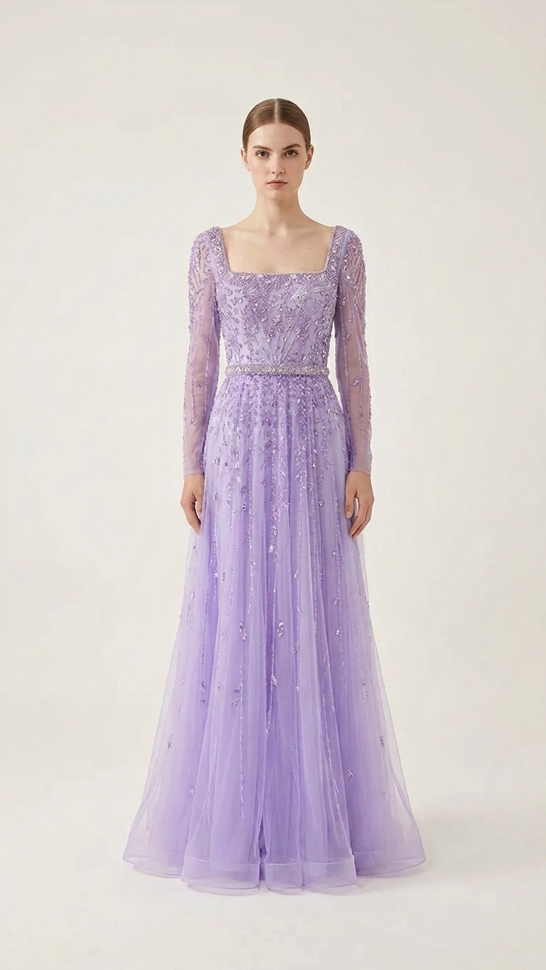 Sparkly Long-Sleeve Beaded Evening Gown — Zipper Ball Gown