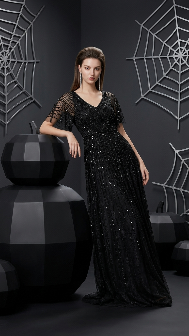 Solid Black Sequin Evening Gown with V-Neck Flutter Sleeves