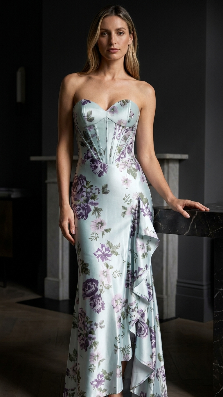 Fishtail Floral Satin Evening Gown, Figure-Flattering Slimming Silhouette