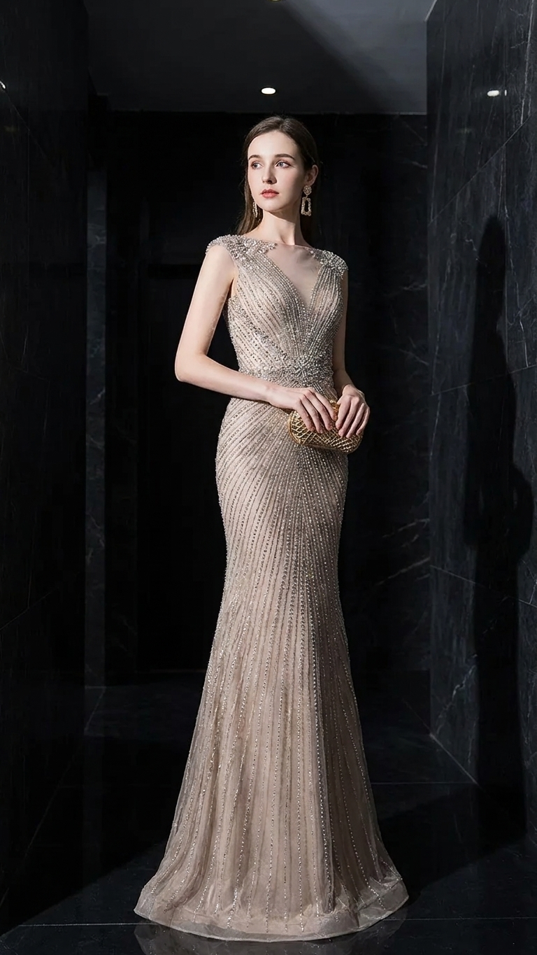 Beaded Bodice Fishtail Evening Gown — Sleeveless Formal Dress