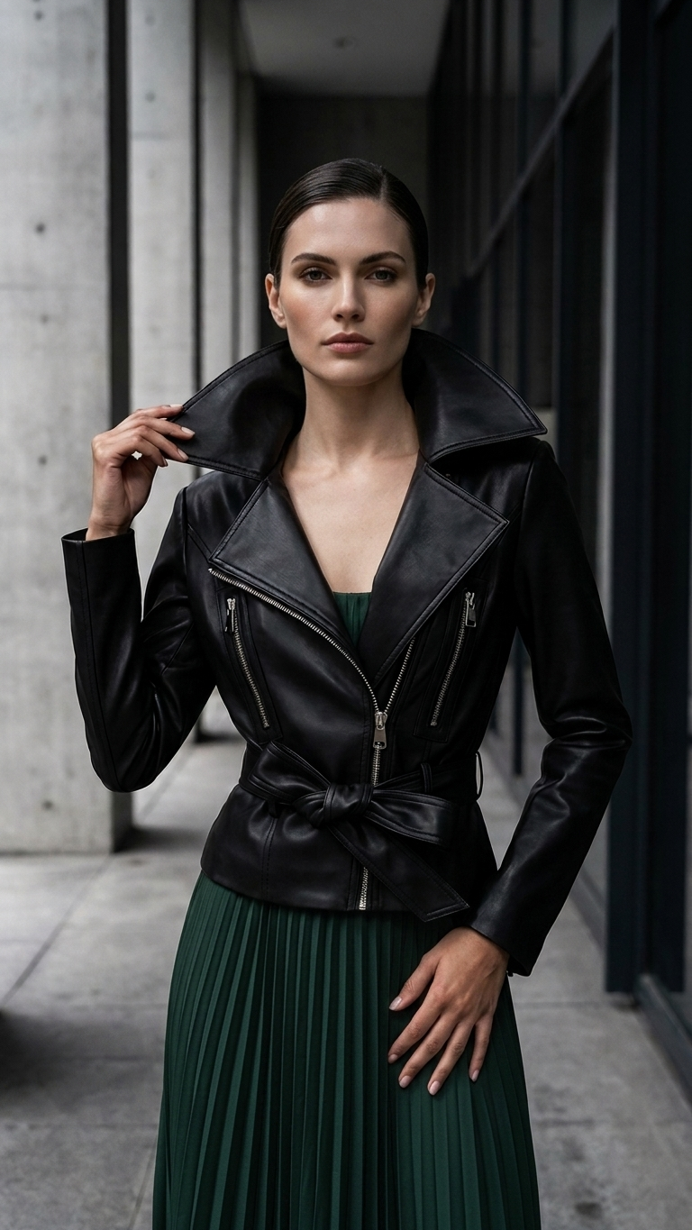 Cropped Structured Moto Jacket — Architectural Leather-Look Biker Silhouette