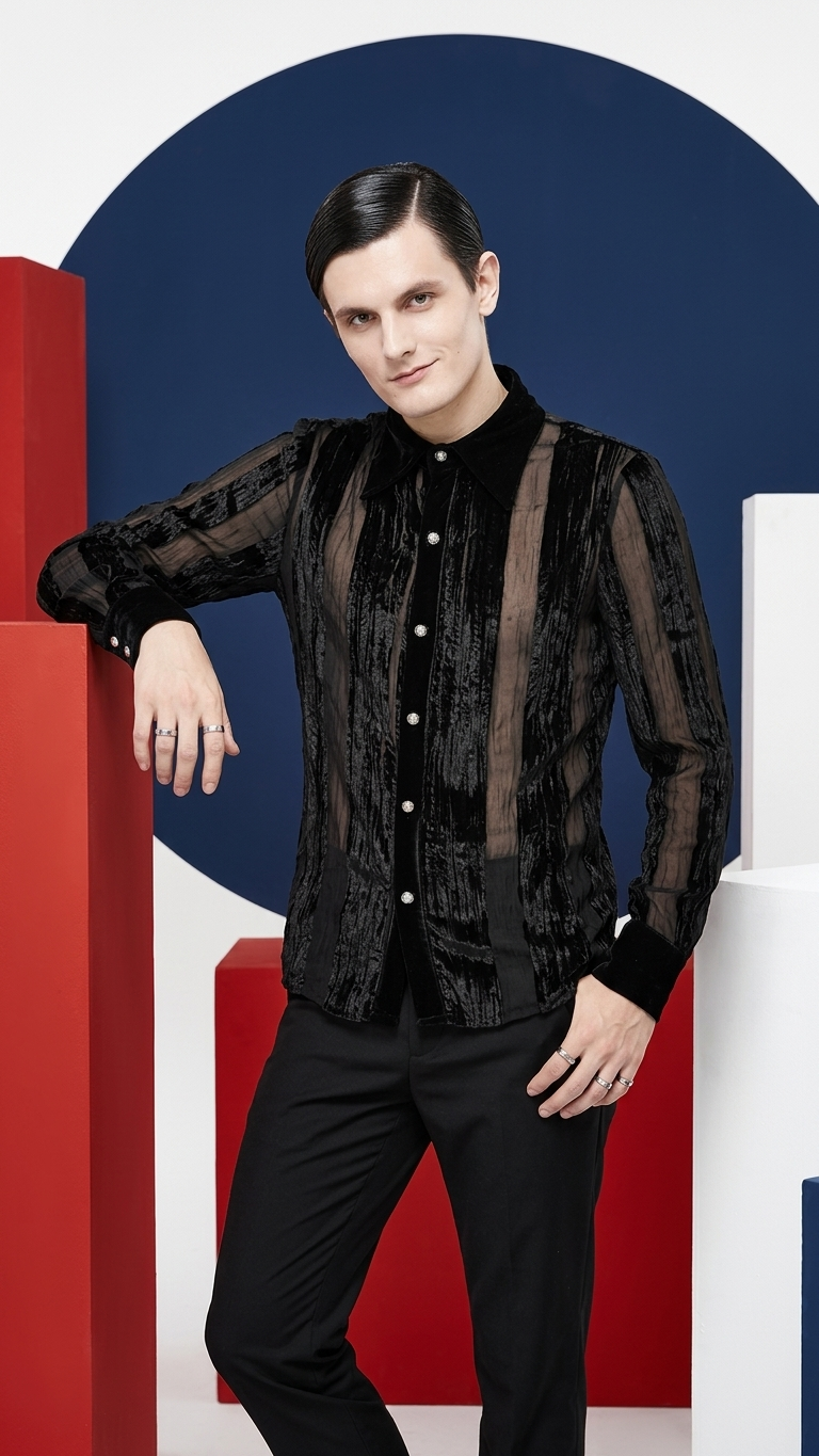 Devoré Velvet Stripe Shirt — Textured Black Long-Sleeve, Pleated Front