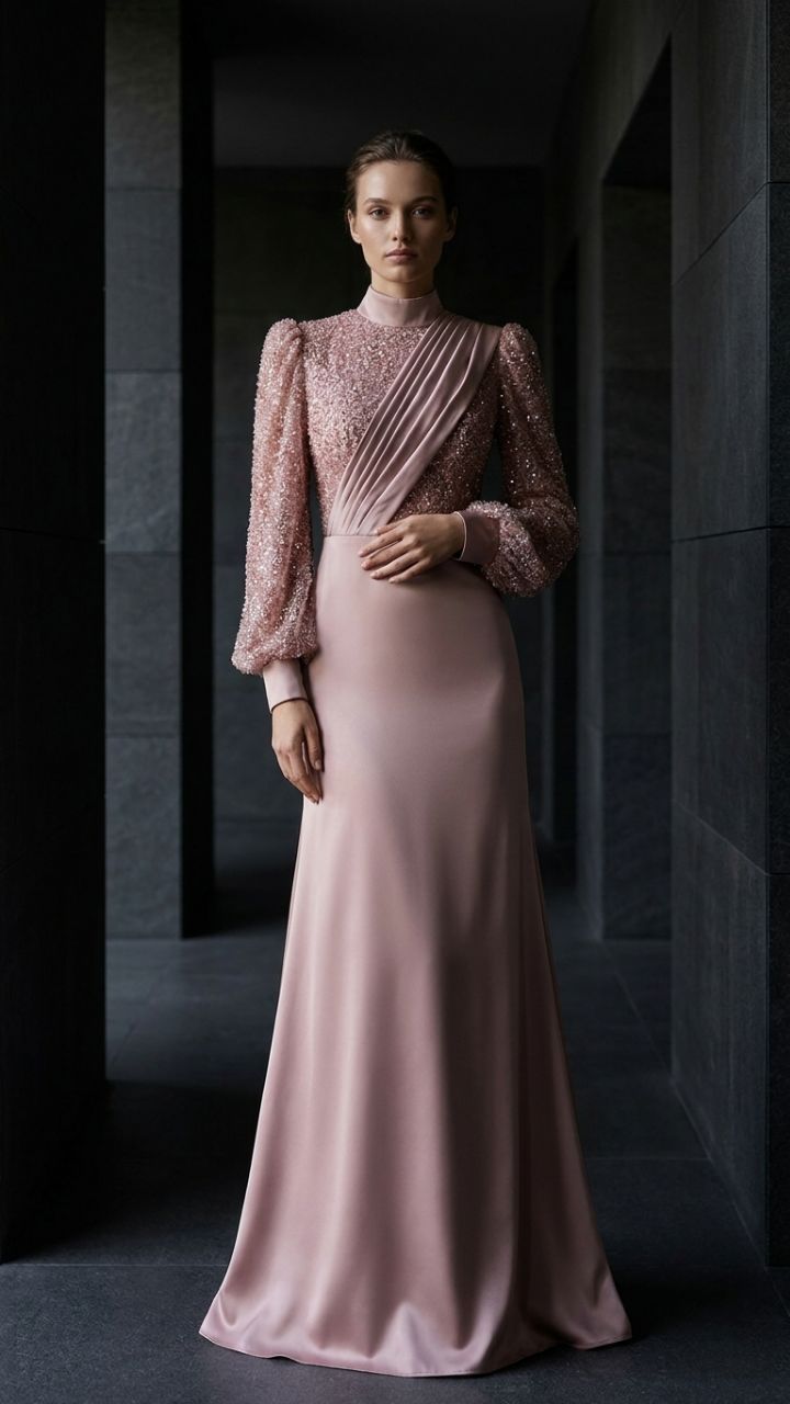 The Meridian — Beaded Stand-Collar Gown | Detachable Satin Overlay
