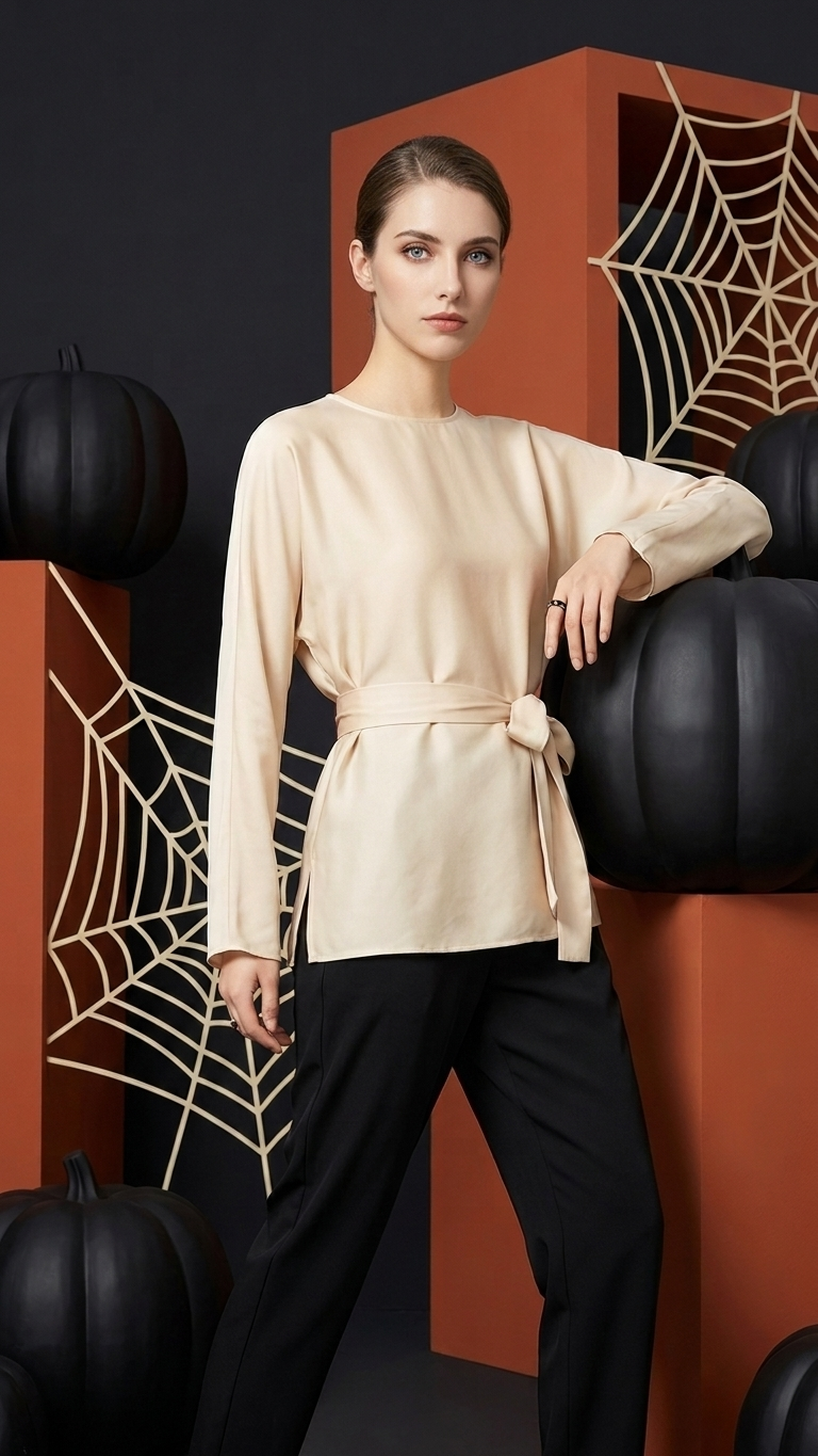 Loose Minimalist Tie-Waist Round Neck Satin Shirt