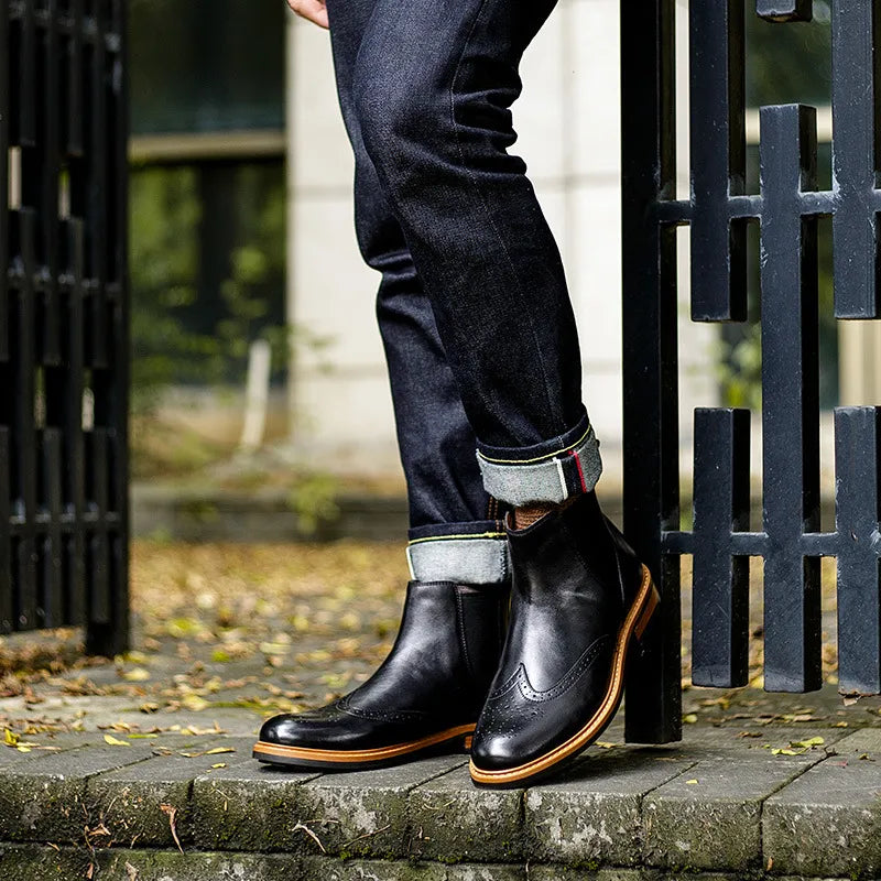 Cowhide leather brogue Chelsea boots with elastic side panels — a British retro dress boot built for versatile wear