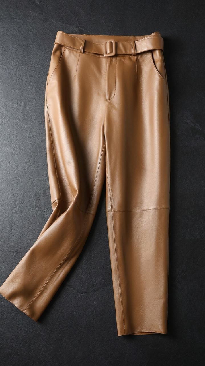 Genuine Leather Trousers — Women's High-Waist Straight Leg Pants