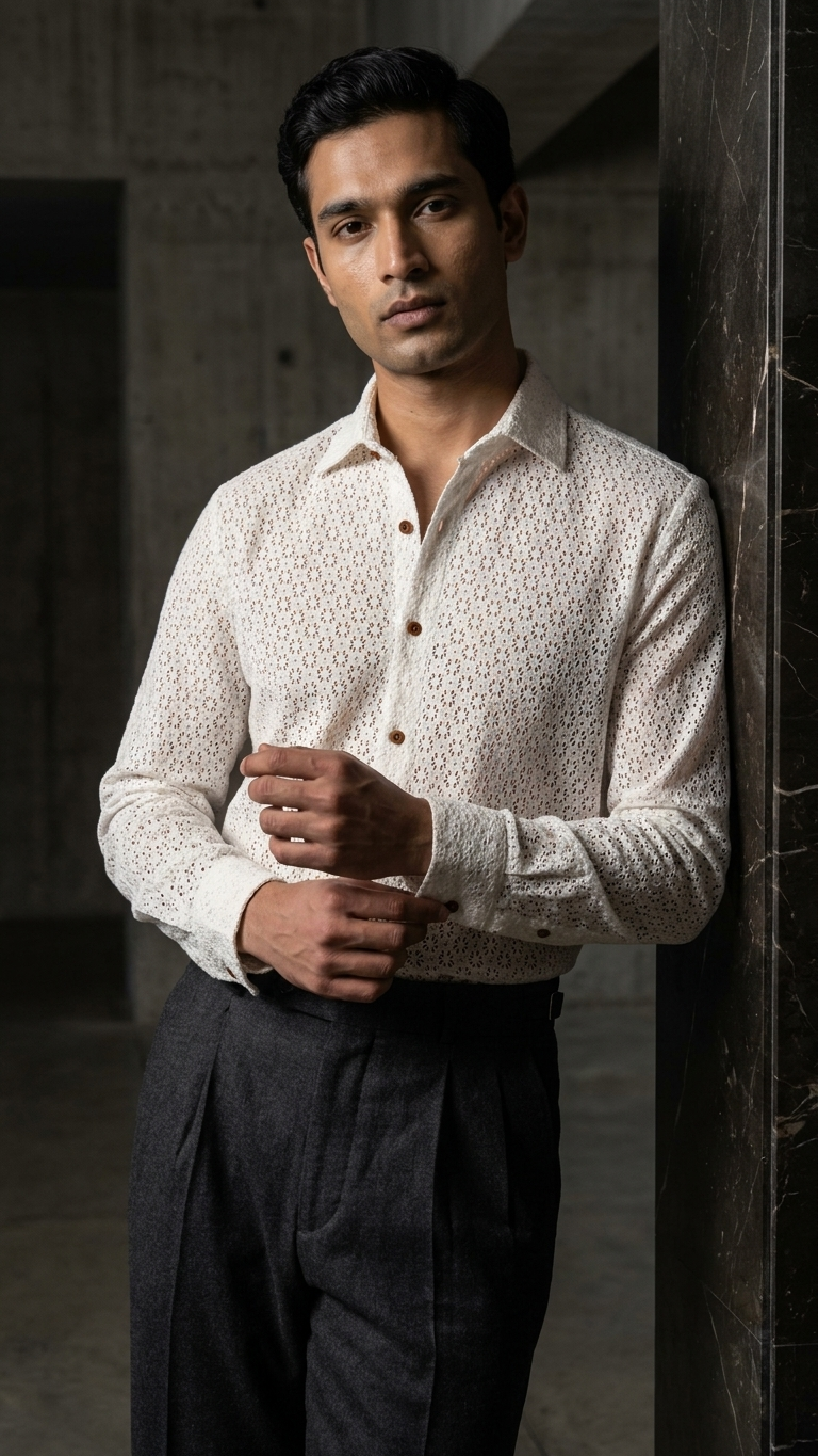 Open Collar Crochet Cotton Shirt — Long Sleeve Textured Knit, White