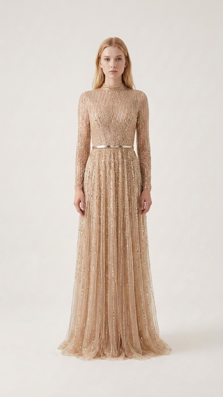 Sequined High-Neck Long-Sleeve Evening Gown