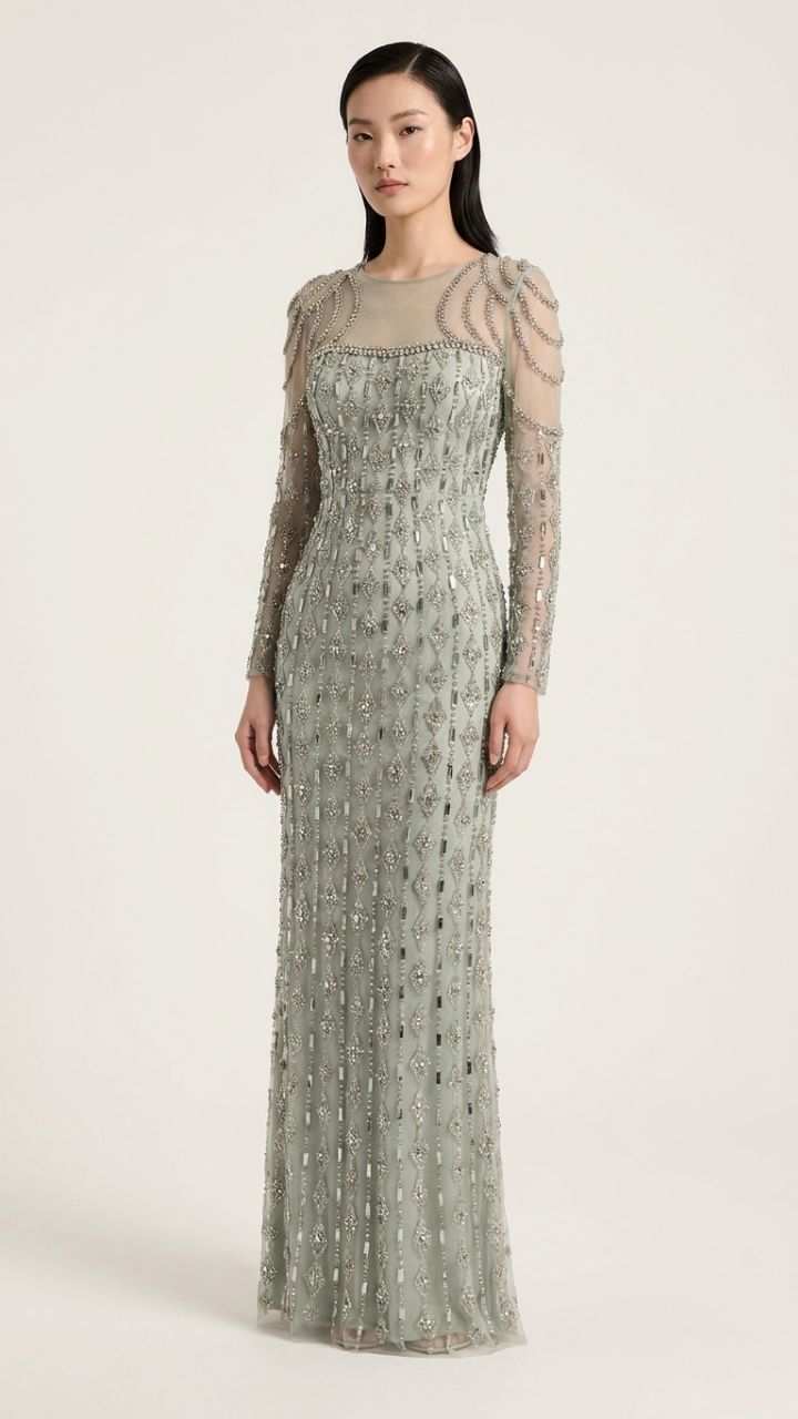 Embellished Lace Long Sleeve Fishtail Gown — Formal Evening Dress