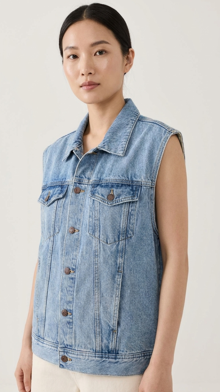 Contrast-Stitch Cotton Denim Vest — Relaxed Fit Sleeveless Layering Jacket