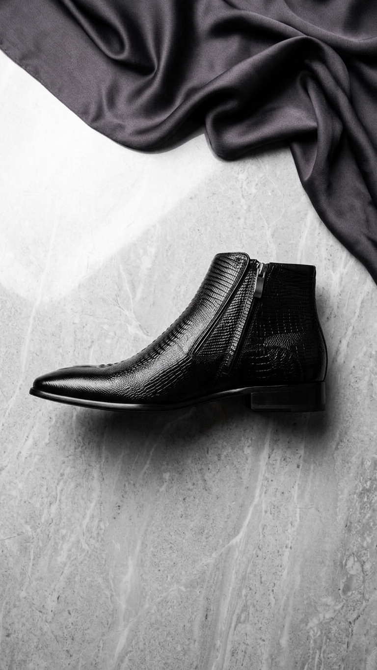 Pointed-toe black leather Chelsea boot with textured embossed finish