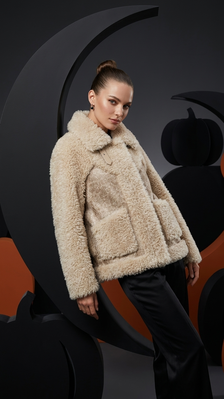 Color Block Faux Shearling Coat — Camel & Gray Paneled Teddy Jacket