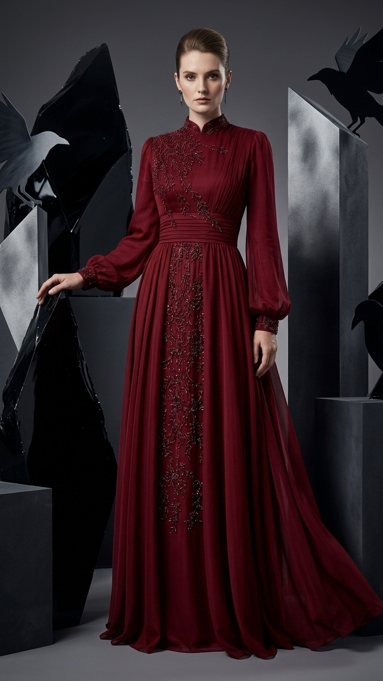 Stand Collar Long Sleeve Lace Evening Gown with Train