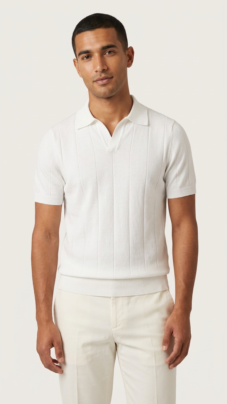 Sunken Stripe Knit Polo T-Shirts — Ribbed Seagull Collar Top