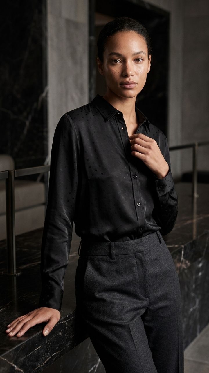 Mulberry Silk Jacquard Shirt — Women's Crepe Satin Long Sleeve Blouse