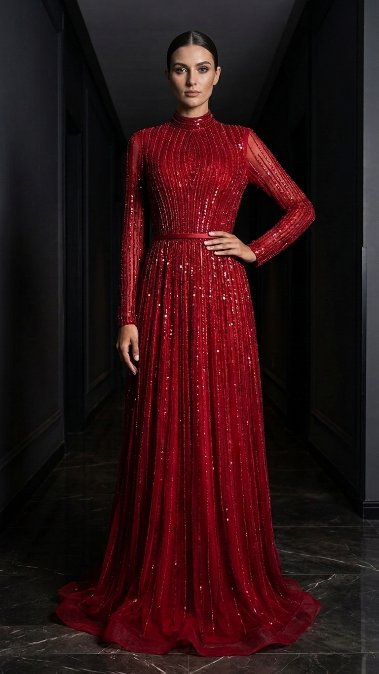 Sequined High-Neck Long-Sleeve Evening Gown