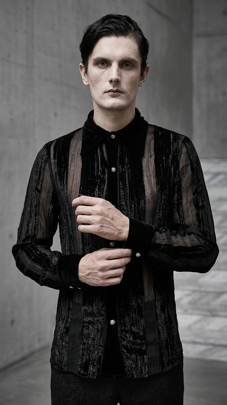 Devoré Velvet Stripe Shirt — Textured Black Long-Sleeve, Pleated Front