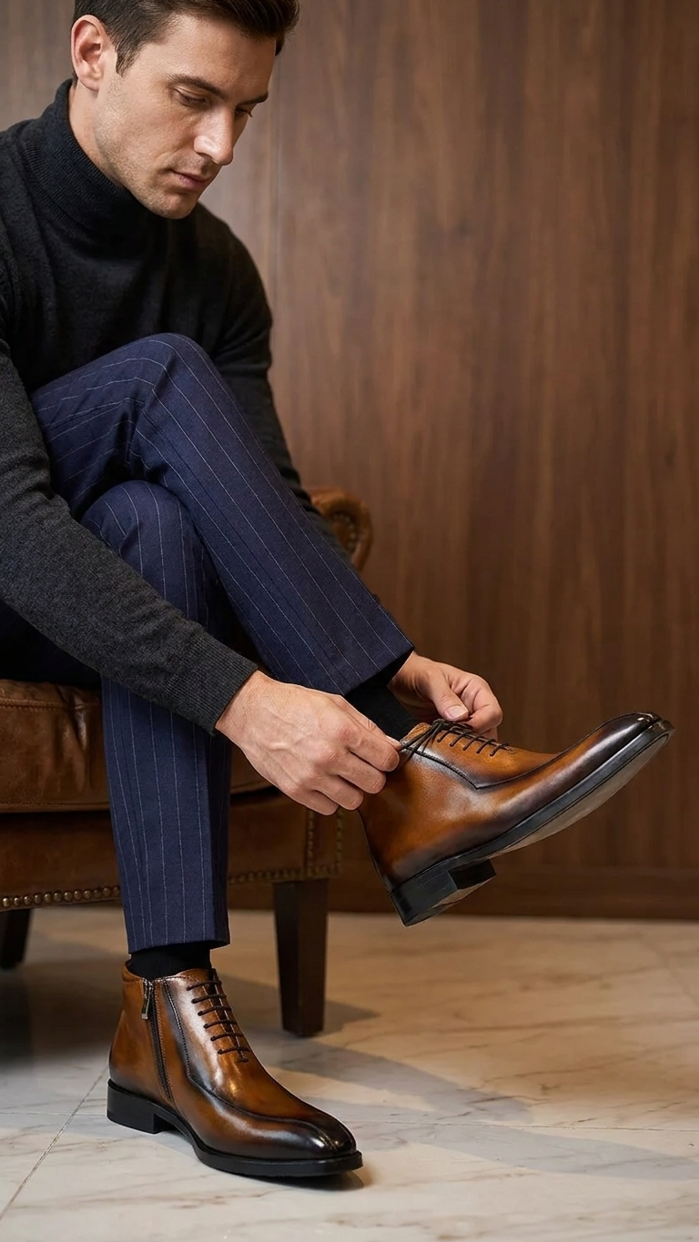 Burnished cognac-to-black leather pointed-toe business boot