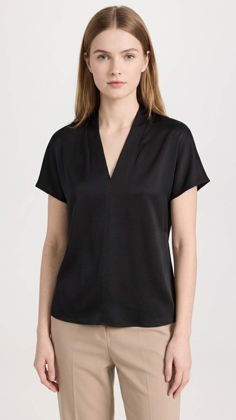 Draped V-Neck Short Sleeve Blouse Tops