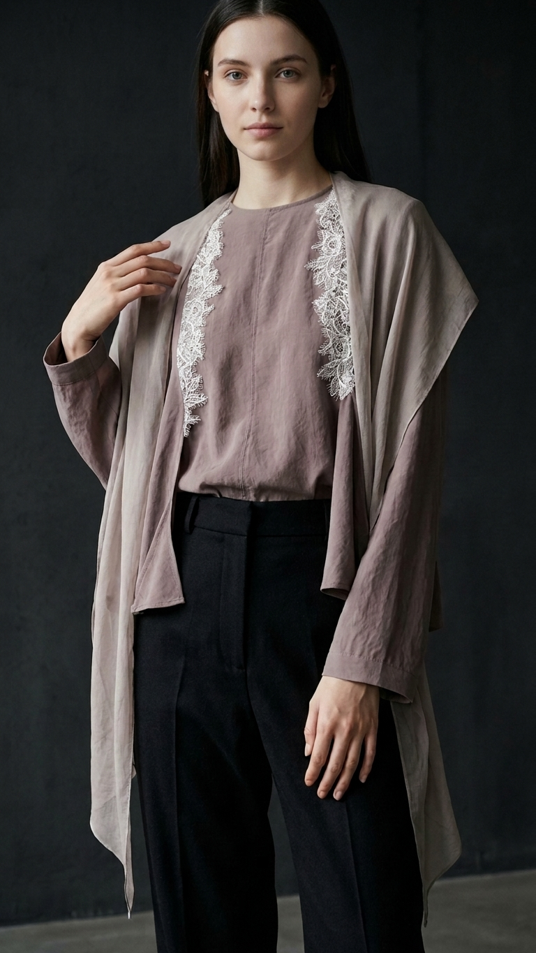 Long Ribbon Tie-Neck Draped Wide Sleeve Blouse Shirt