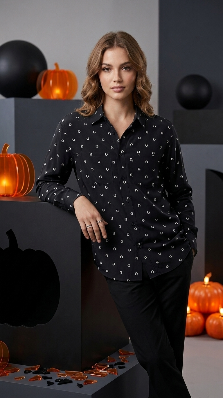 Stretch Silk Equestrian Print Loose Shirt